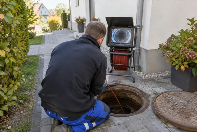 Fachkraft untersucht eine zugängliche Abwasserleitung mit Kameratechnik an einem Wohnhaus in Göttingen.