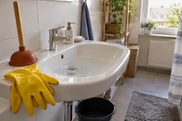 Handschuhe, Auffangschale und Saugglocke neben einem Waschbecken mit langsam ablaufendem Wasser.